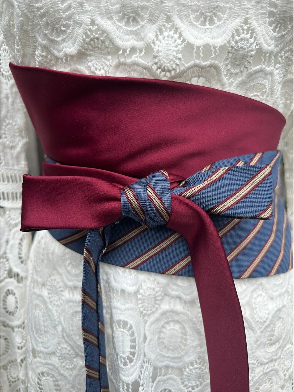 Burgundy & Blue Stripes Upcycled Silk Obi Belt | Corset Style | OOAK | OS